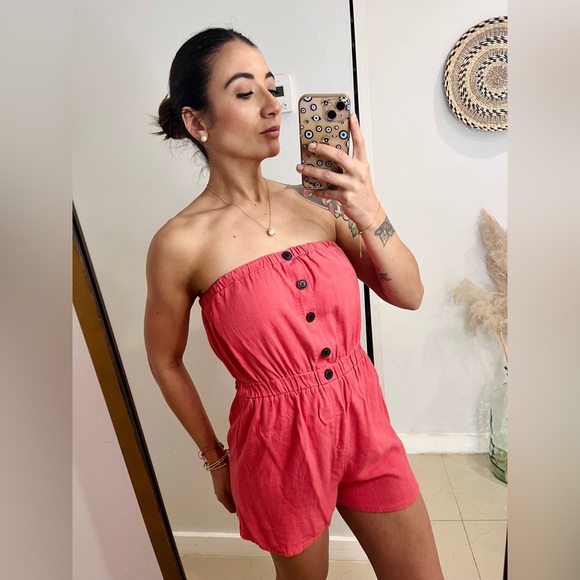 TOXIK | Women's Coral Pink Linen Strapless Romper NWOT MEDIUM - Picture 8 of 9